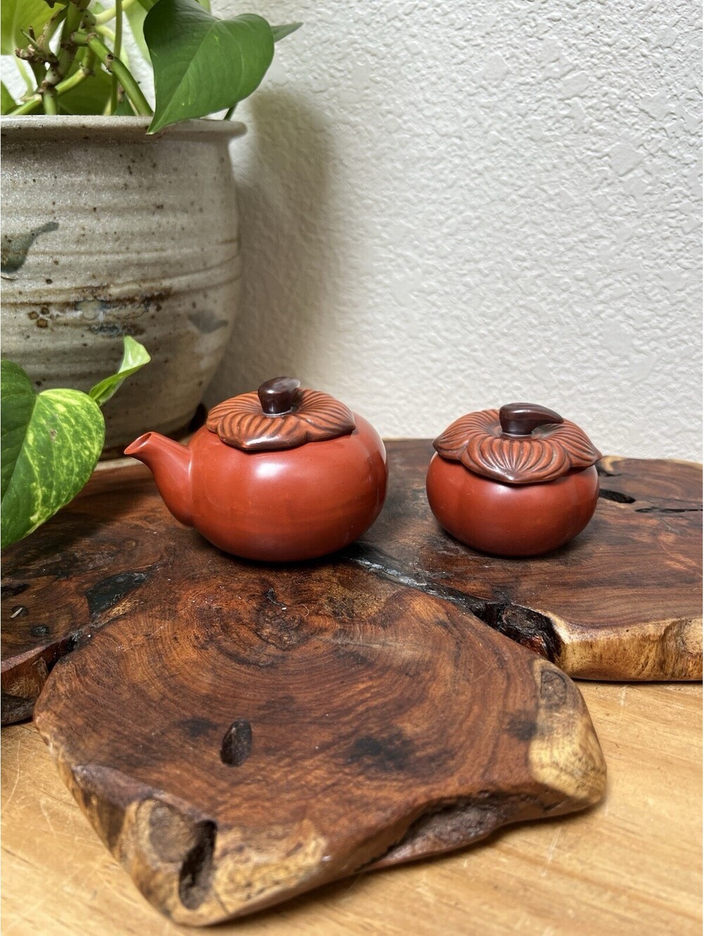 Japanese Miniature Persimmon Ceramic Teapot & Sugar Bowl With Lid Set Orange Red